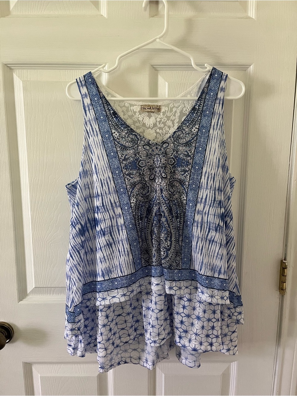 live and let live Blue and White Printed V-Neck Layered Tank